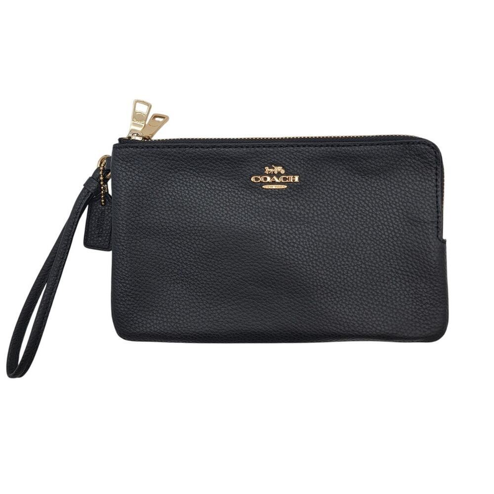Coach Black Pebbled Leather Double Corn Zip Card Case Clutch Wristlet